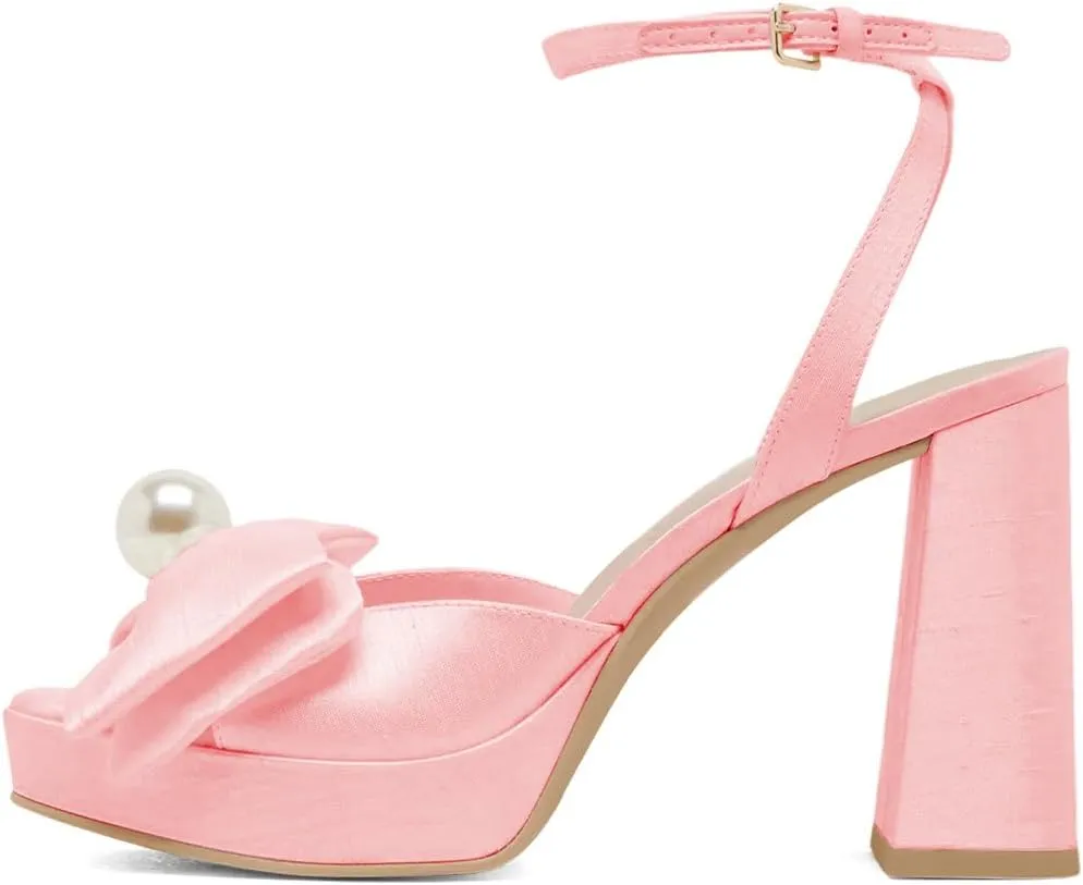 XYD Women Sweet Bow Platform Sandals with Pearl Open Toe Bridal Block Heels Ankle Strap Wedding Prom Satin Dress Shoes