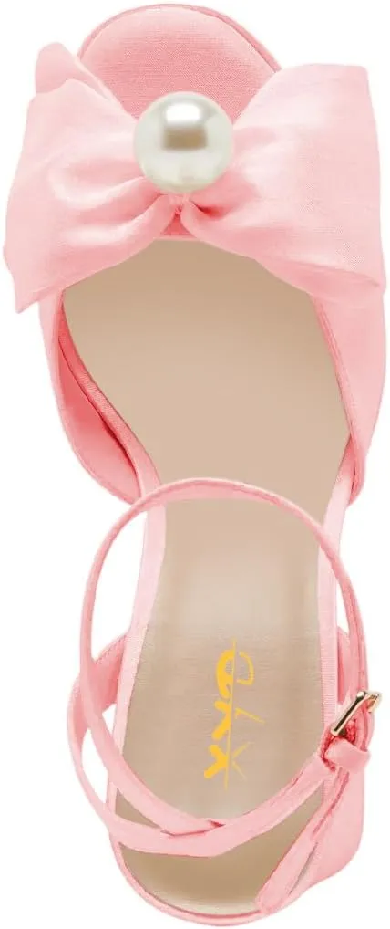 XYD Women Sweet Bow Platform Sandals with Pearl Open Toe Bridal Block Heels Ankle Strap Wedding Prom Satin Dress Shoes