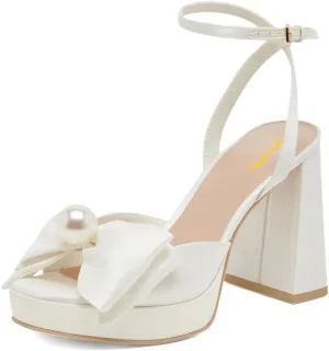 XYD Women Sweet Bow Platform Sandals with Pearl Open Toe Bridal Block Heels Ankle Strap Wedding Prom Satin Dress Shoes