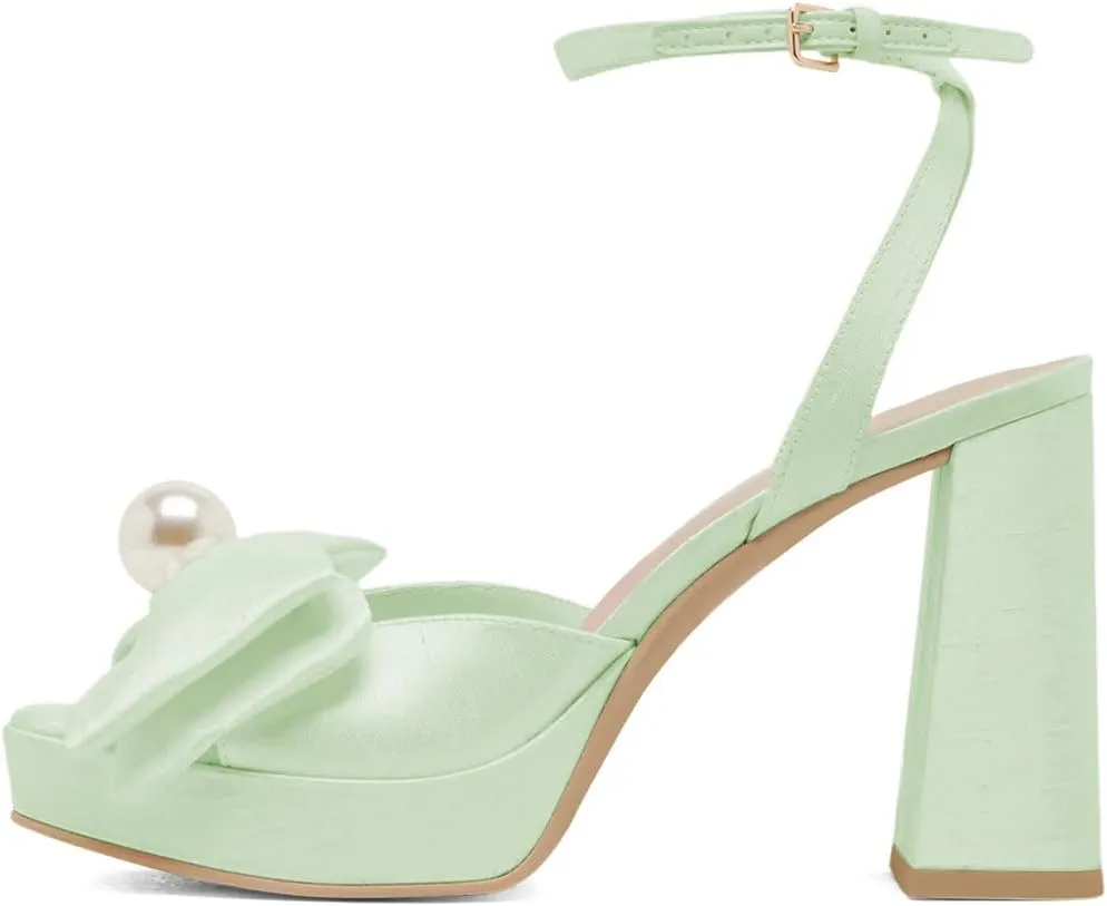 XYD Women Sweet Bow Platform Sandals with Pearl Open Toe Bridal Block Heels Ankle Strap Wedding Prom Satin Dress Shoes