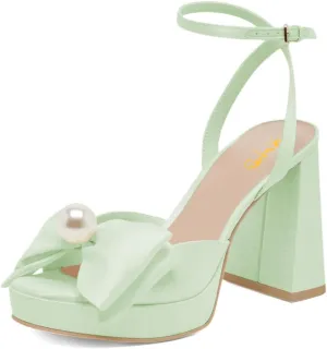 XYD Women Sweet Bow Platform Sandals with Pearl Open Toe Bridal Block Heels Ankle Strap Wedding Prom Satin Dress Shoes
