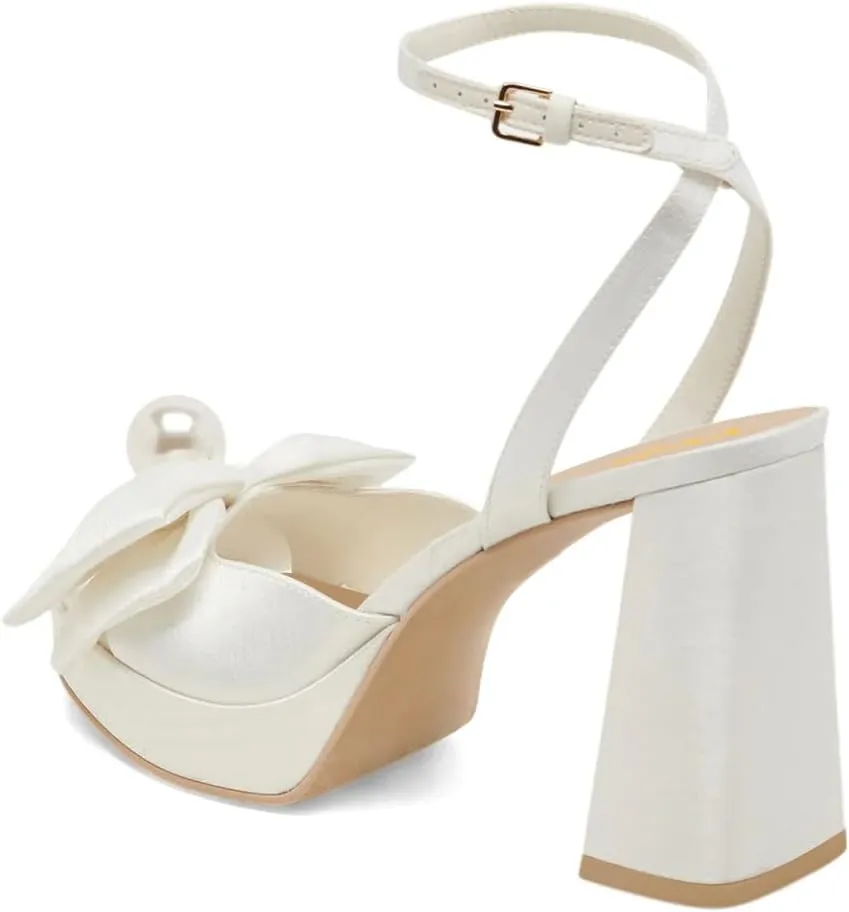 XYD Women Sweet Bow Platform Sandals with Pearl Open Toe Bridal Block Heels Ankle Strap Wedding Prom Satin Dress Shoes