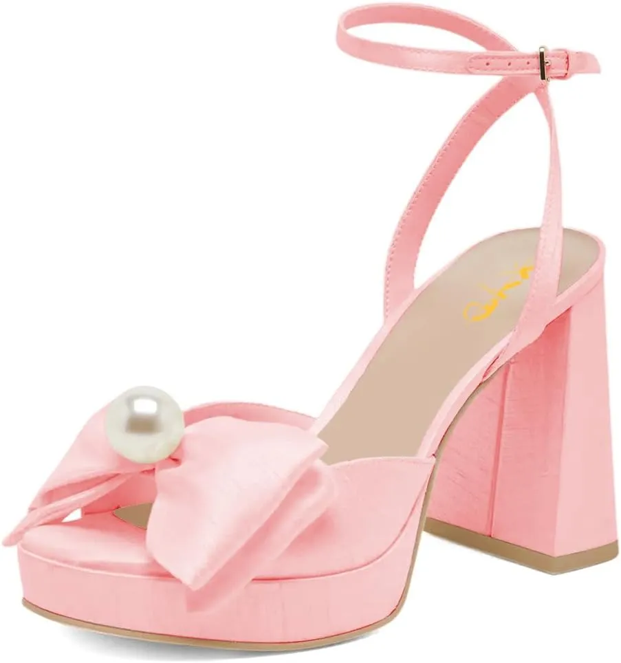 XYD Women Sweet Bow Platform Sandals with Pearl Open Toe Bridal Block Heels Ankle Strap Wedding Prom Satin Dress Shoes