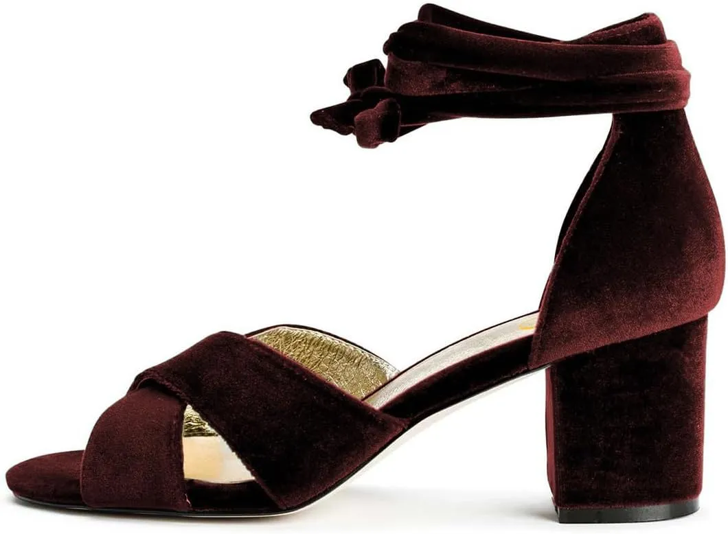 XYD Women Velvet Block Heel Dress Sandals Open Toe Ankle Strap Tie-up Pumps Dating Wedding Summer Shoes