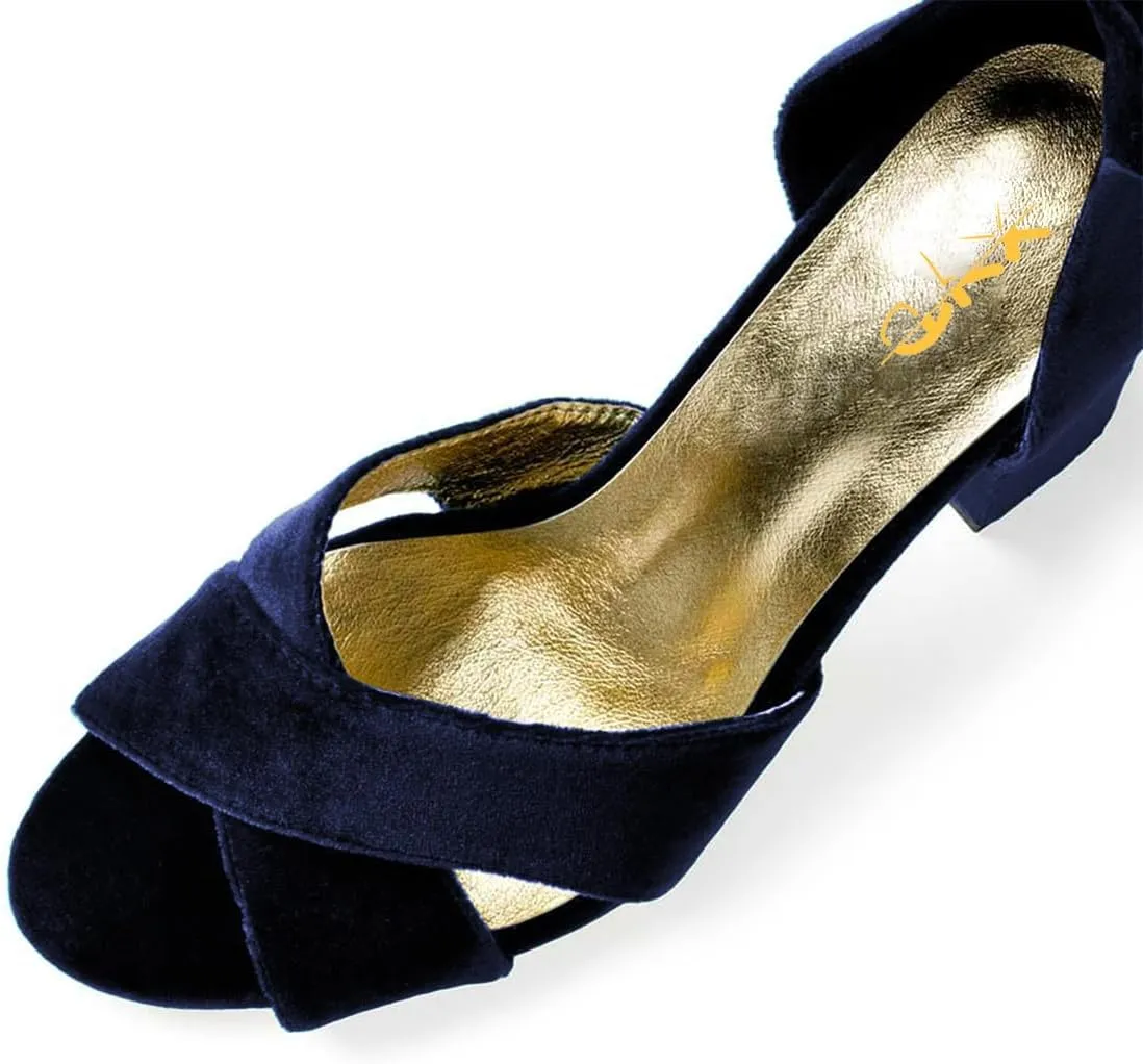 XYD Women Velvet Block Heel Dress Sandals Open Toe Ankle Strap Tie-up Pumps Dating Wedding Summer Shoes