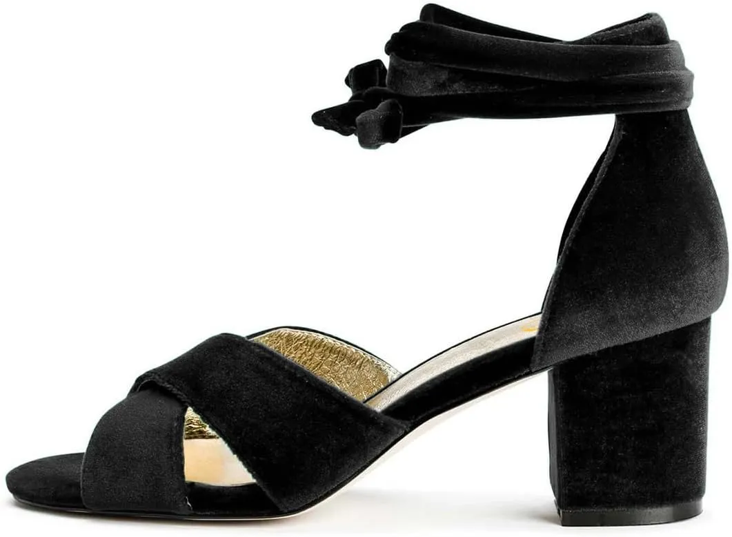 XYD Women Velvet Block Heel Dress Sandals Open Toe Ankle Strap Tie-up Pumps Dating Wedding Summer Shoes