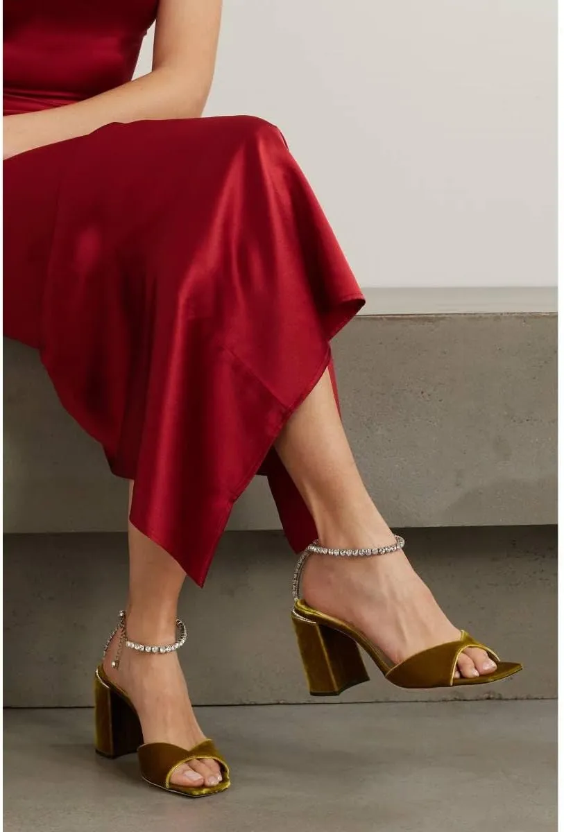 XYD Women's Chunky Block Heel Sandals Crystal Chain Ankle Strap Square Open Toe Pumps Stylish Evening Party Prom Shoes