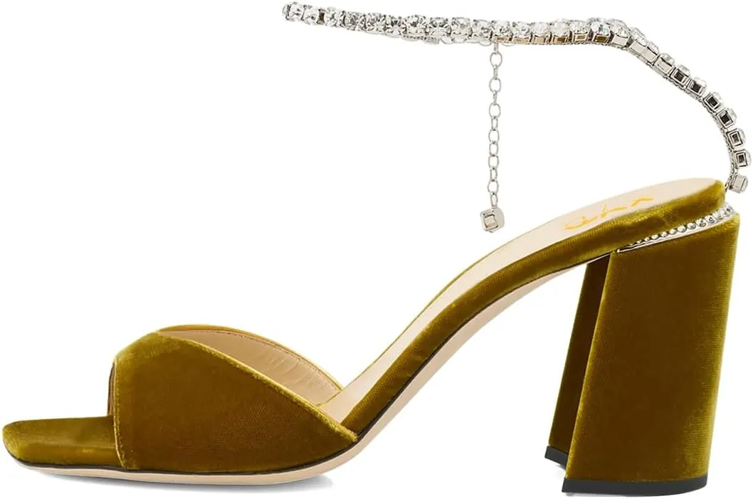 XYD Women's Chunky Block Heel Sandals Crystal Chain Ankle Strap Square Open Toe Pumps Stylish Evening Party Prom Shoes