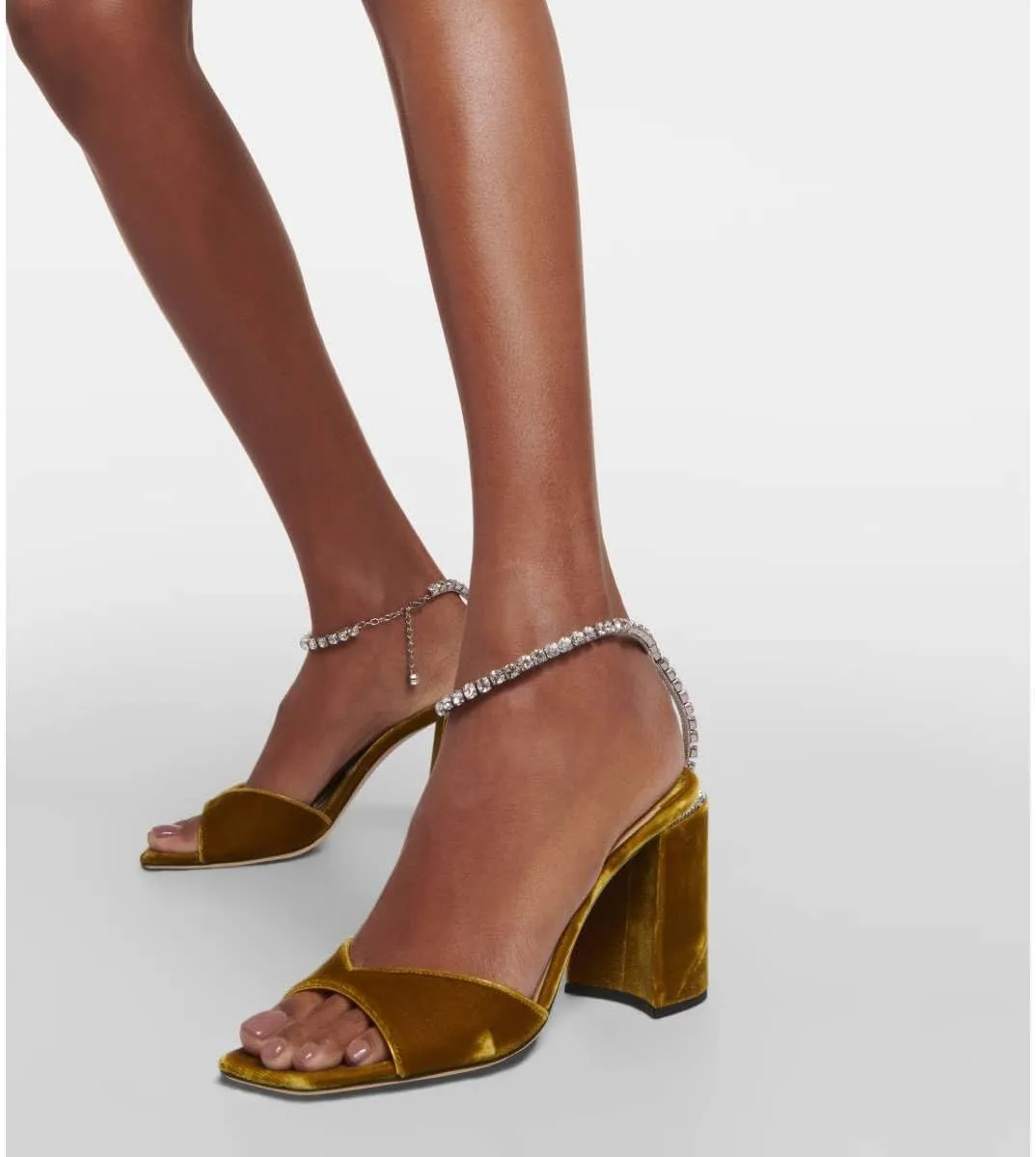 XYD Women's Chunky Block Heel Sandals Crystal Chain Ankle Strap Square Open Toe Pumps Stylish Evening Party Prom Shoes