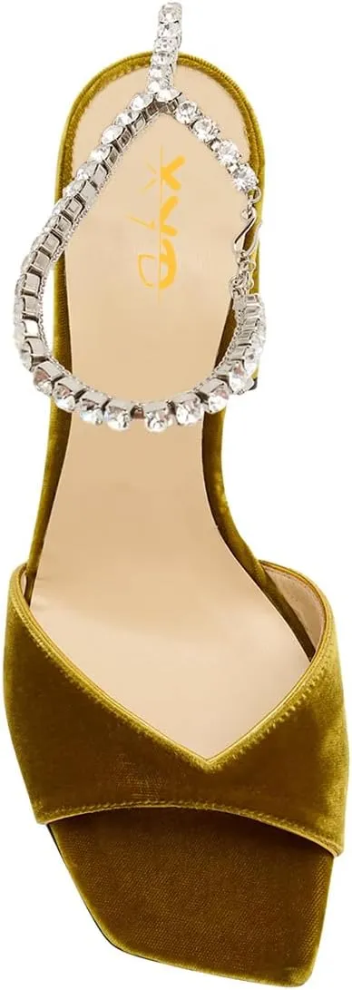 XYD Women's Chunky Block Heel Sandals Crystal Chain Ankle Strap Square Open Toe Pumps Stylish Evening Party Prom Shoes