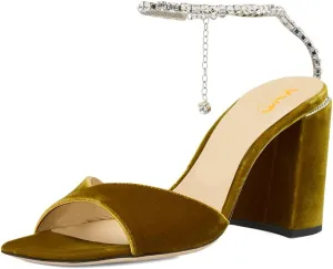 XYD Women's Chunky Block Heel Sandals Crystal Chain Ankle Strap Square Open Toe Pumps Stylish Evening Party Prom Shoes