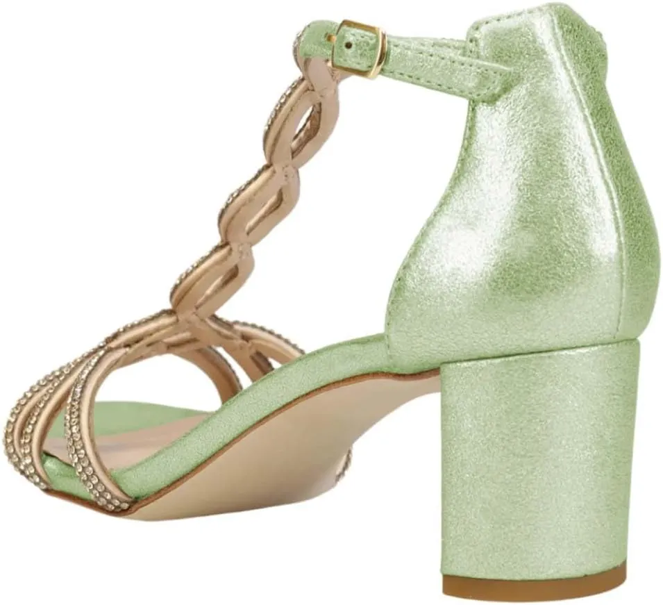 XYD Women's Sparkling Twining T-Bar Block Sandals Open Toe Ankle Straps Low Heel Pumps Dress Wedding Shoes