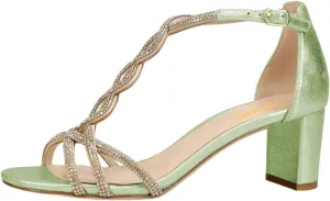 XYD Women's Sparkling Twining T-Bar Block Sandals Open Toe Ankle Straps Low Heel Pumps Dress Wedding Shoes