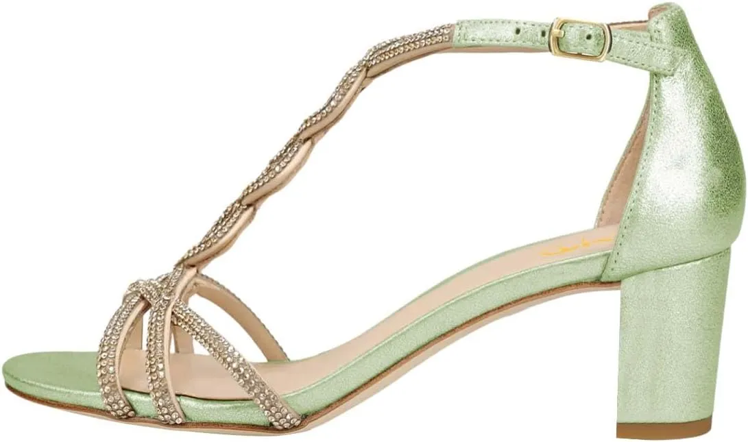 XYD Women's Sparkling Twining T-Bar Block Sandals Open Toe Ankle Straps Low Heel Pumps Dress Wedding Shoes