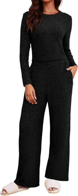 Ybenlow Women's 2 Piece Outfits Lounge Sets Long Sleeve Tops Wide Leg Pants Ribbed Knit Pajama Set with Pockets