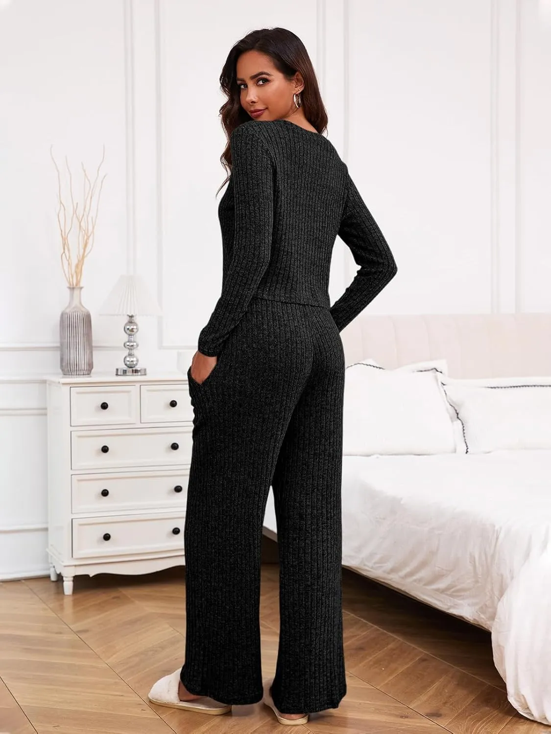Ybenlow Women's 2 Piece Outfits Lounge Sets Long Sleeve Tops Wide Leg Pants Ribbed Knit Pajama Set with Pockets