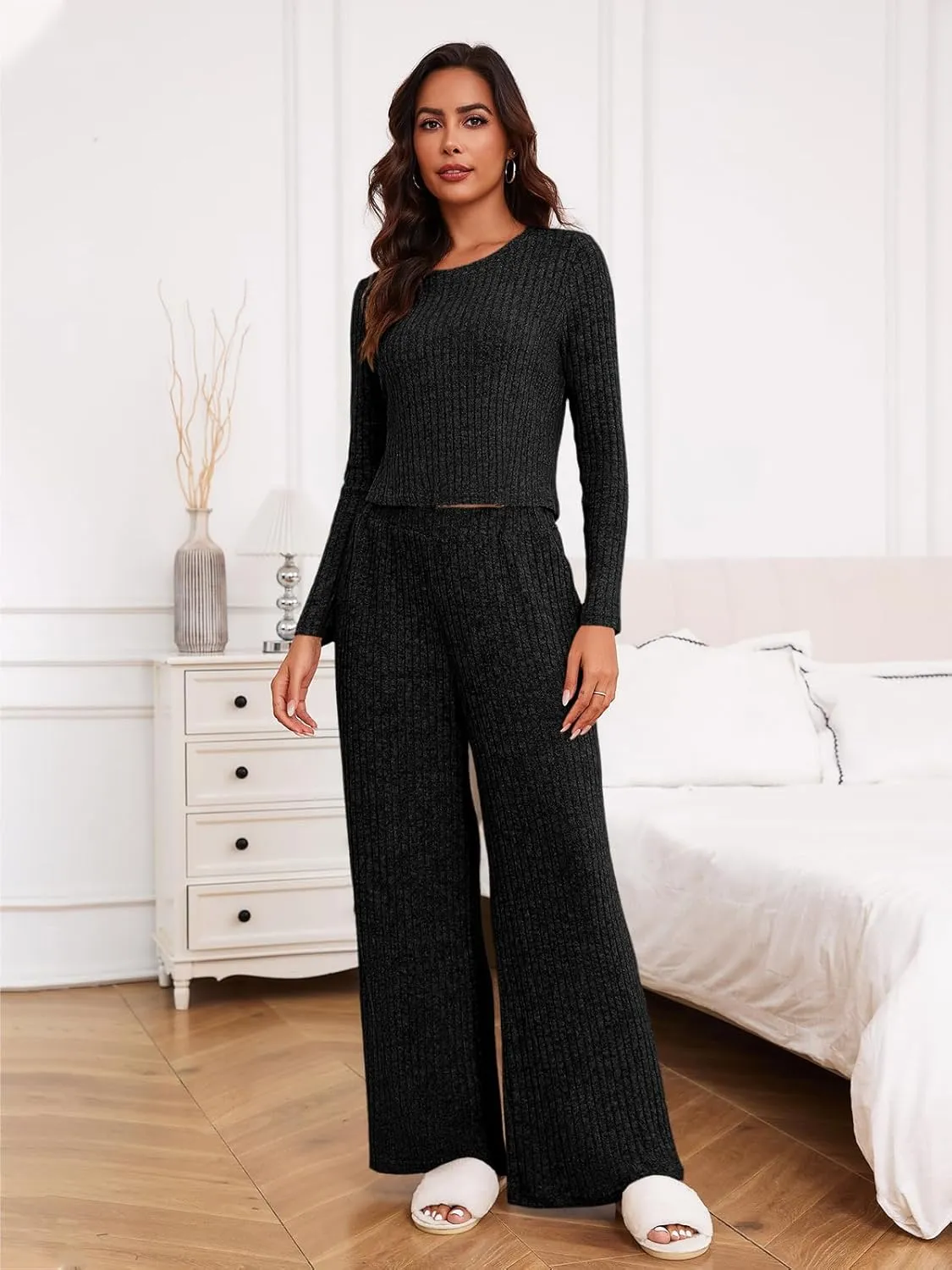Ybenlow Women's 2 Piece Outfits Lounge Sets Long Sleeve Tops Wide Leg Pants Ribbed Knit Pajama Set with Pockets