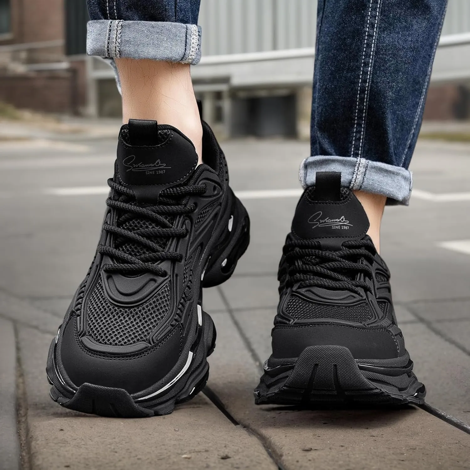 YCMM Casual Athletic Walking Shoes for Men Lace-Up Chunky Platform Dad Sneakers Breathable Mesh Comfortable Non-Slip Work Workout Shoes