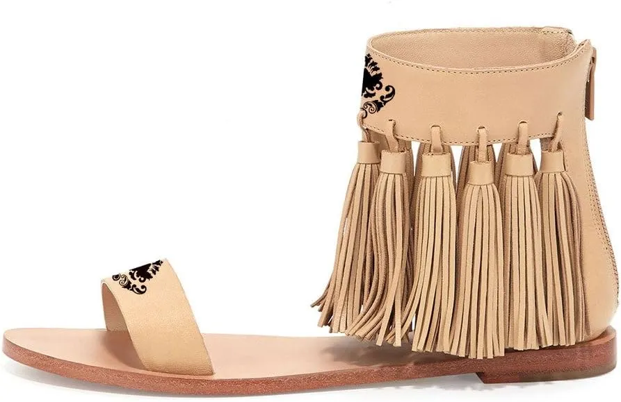 YDN Women Fashion Fringes Flats Tassels Open Toe Sandals Low-Heel Back Zipper Shoes
