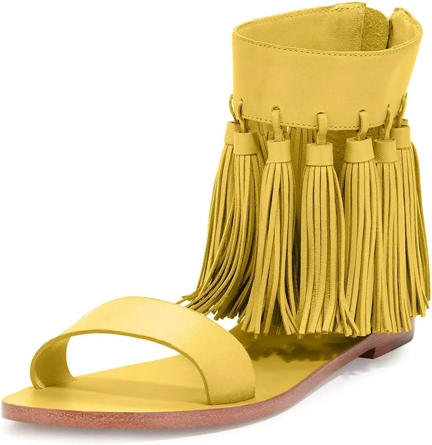 YDN Women Fashion Fringes Flats Tassels Open Toe Sandals Low-Heel Back Zipper Shoes