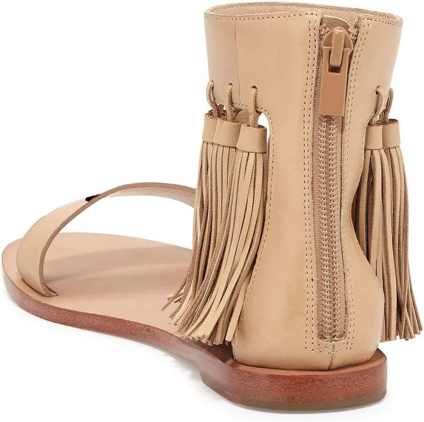 YDN Women Fashion Fringes Flats Tassels Open Toe Sandals Low-Heel Back Zipper Shoes