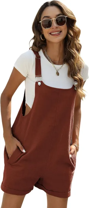 Yeokou Women's Cotton Linen Short Overalls Casual Summer Bib Shortalls with Pockets