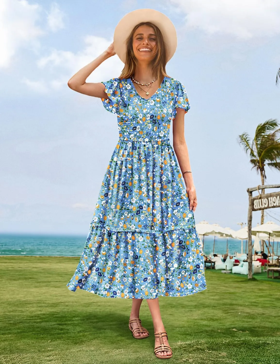 YESNO Women Summer Boho Floral Casual Dresses V Neck Ruffle Cap Sleeve Smocked Midi Dress with Pockets EVA