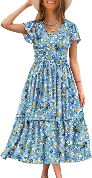YESNO Women Summer Boho Floral Casual Dresses V Neck Ruffle Cap Sleeve Smocked Midi Dress with Pockets EVA