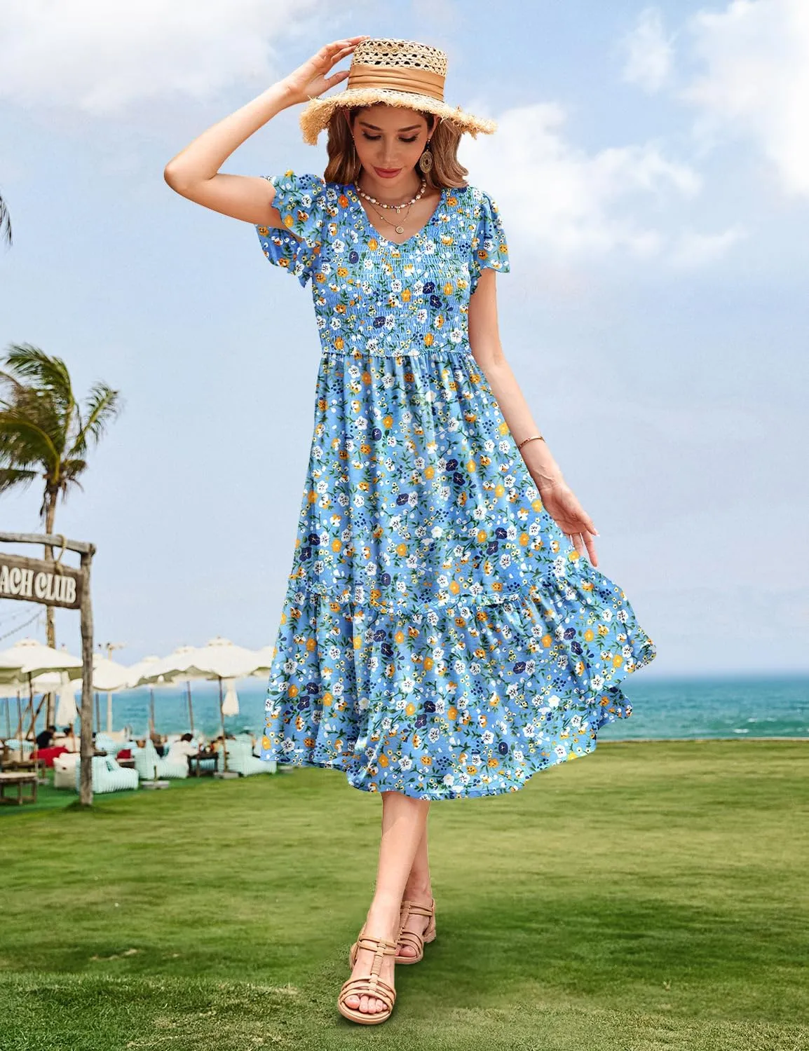 YESNO Women Summer Boho Floral Casual Dresses V Neck Ruffle Cap Sleeve Smocked Midi Dress with Pockets EVA