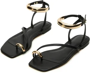 Yishaweiqi Metal Ankle Strap Flat Sandals for Women Toe Ring Strappy Slip On Sandals Open Square Toe Beach Sandals