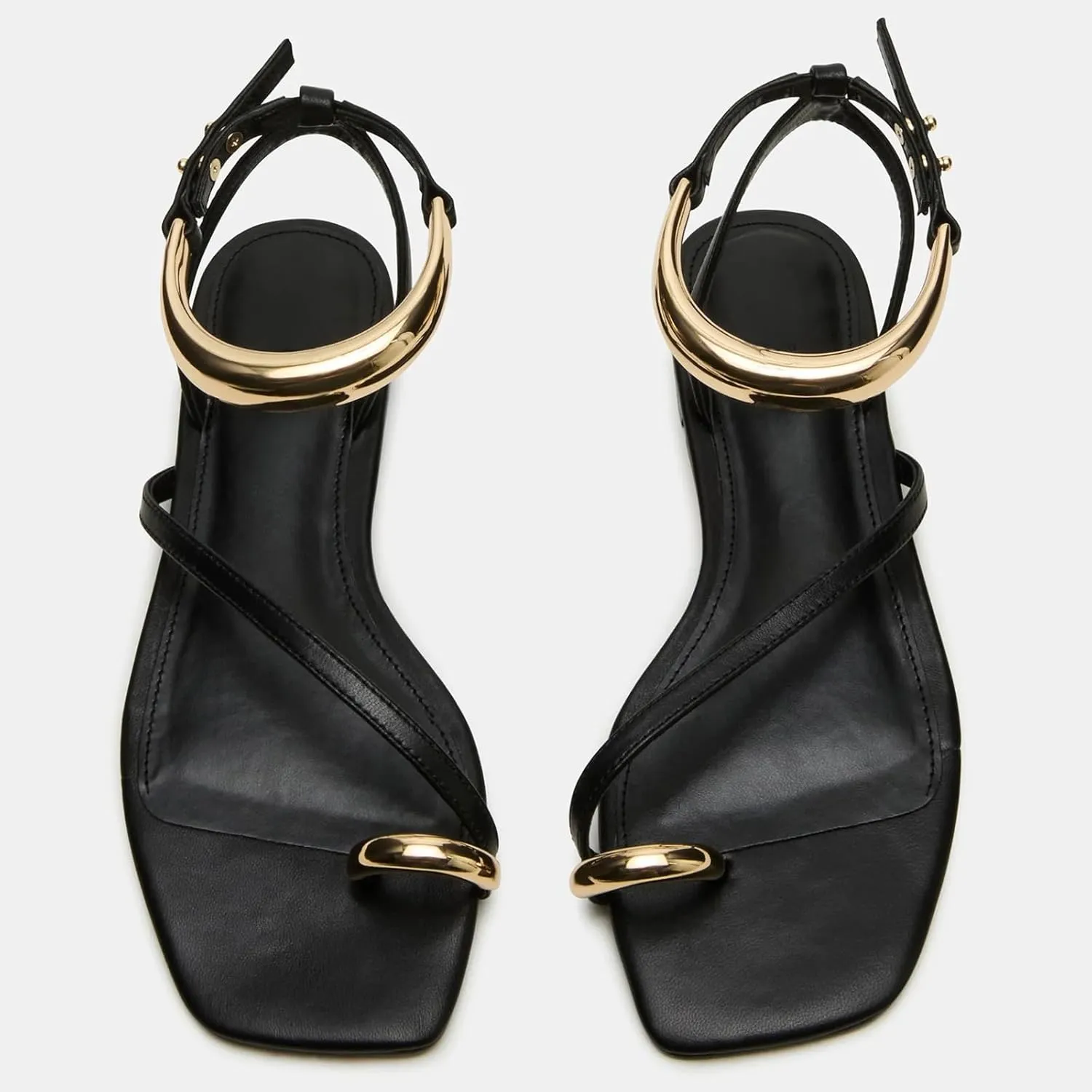 Yishaweiqi Metal Ankle Strap Flat Sandals for Women Toe Ring Strappy Slip On Sandals Open Square Toe Beach Sandals