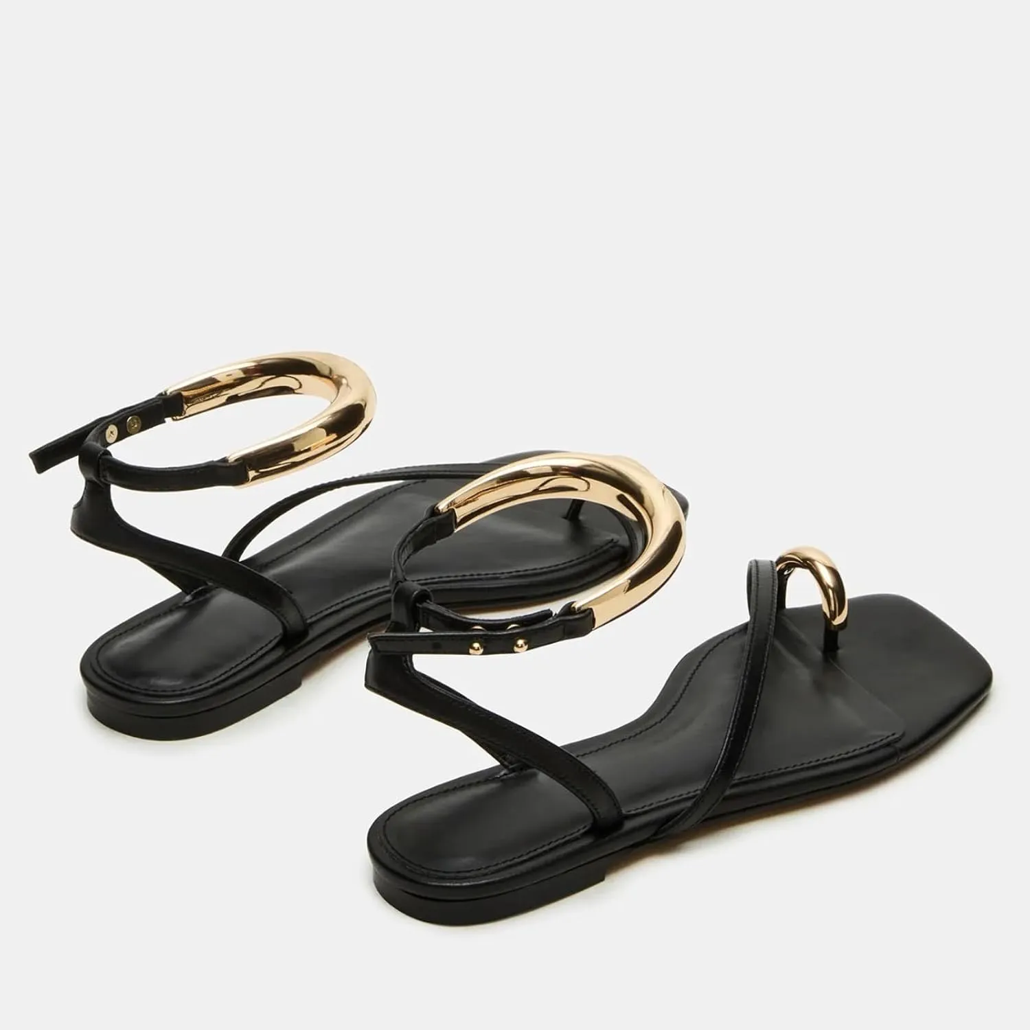 Yishaweiqi Metal Ankle Strap Flat Sandals for Women Toe Ring Strappy Slip On Sandals Open Square Toe Beach Sandals