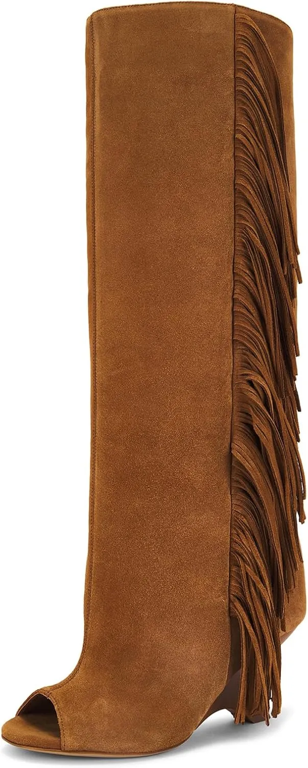 Yishaweiqi Suede Knee High Boots for Women Peep Toe Wide Calf Pull On Wedge Boots