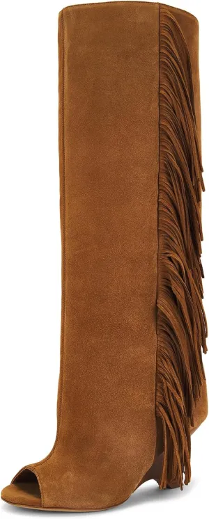 Yishaweiqi Suede Knee High Boots for Women Peep Toe Wide Calf Pull On Wedge Boots