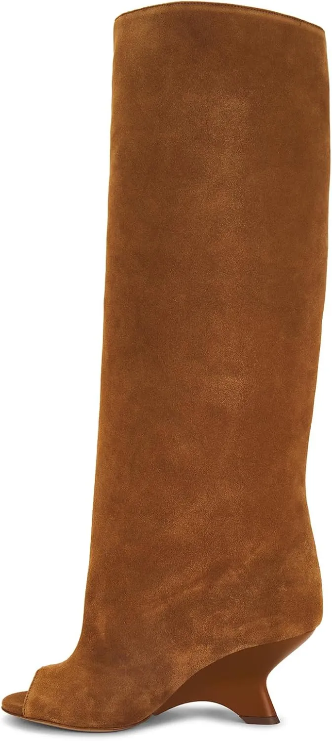 Yishaweiqi Suede Knee High Boots for Women Peep Toe Wide Calf Pull On Wedge Boots