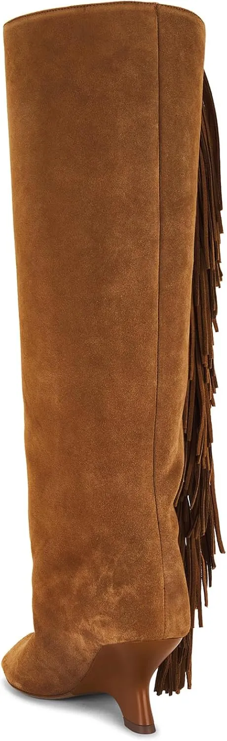 Yishaweiqi Suede Knee High Boots for Women Peep Toe Wide Calf Pull On Wedge Boots