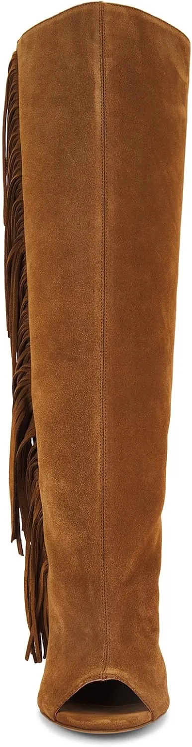 Yishaweiqi Suede Knee High Boots for Women Peep Toe Wide Calf Pull On Wedge Boots