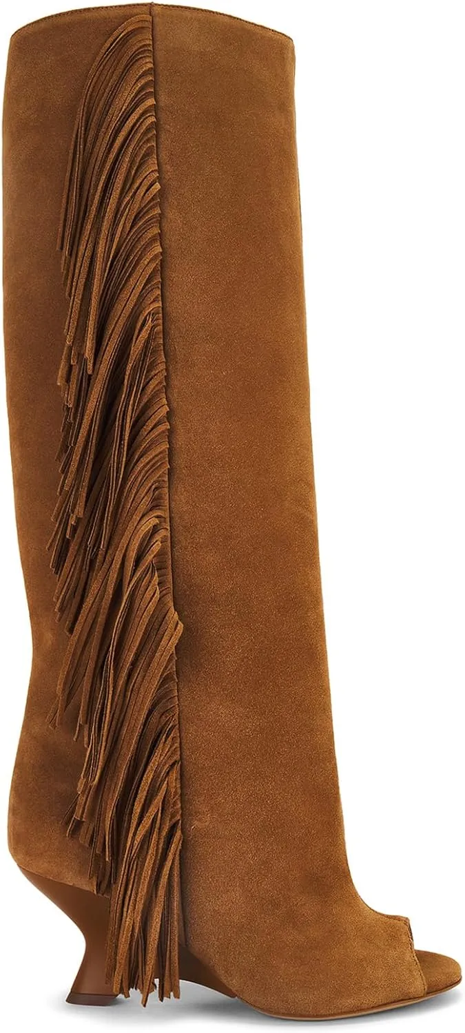Yishaweiqi Suede Knee High Boots for Women Peep Toe Wide Calf Pull On Wedge Boots