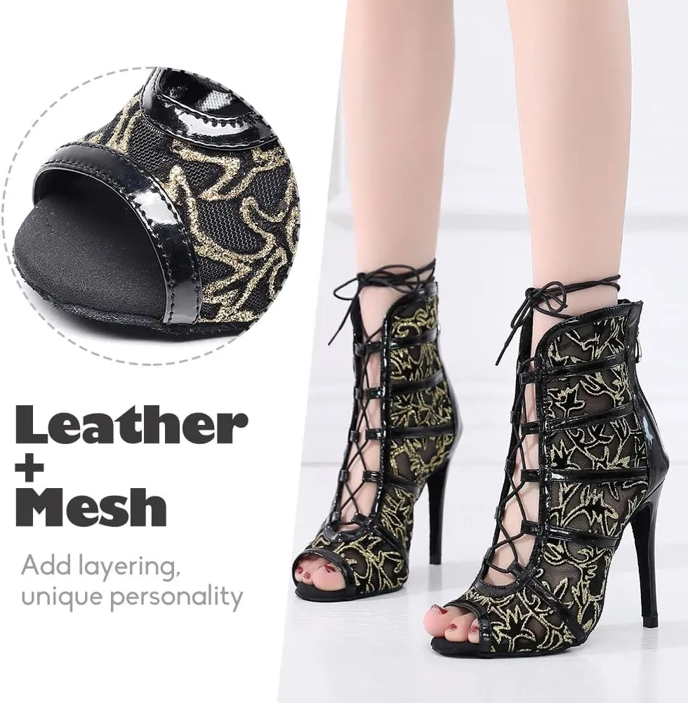 YKXLM Latin Dance Boots Salsa Bachata Performance Women Ballroom Lace-up Ankle Open Toe Dance Shoes