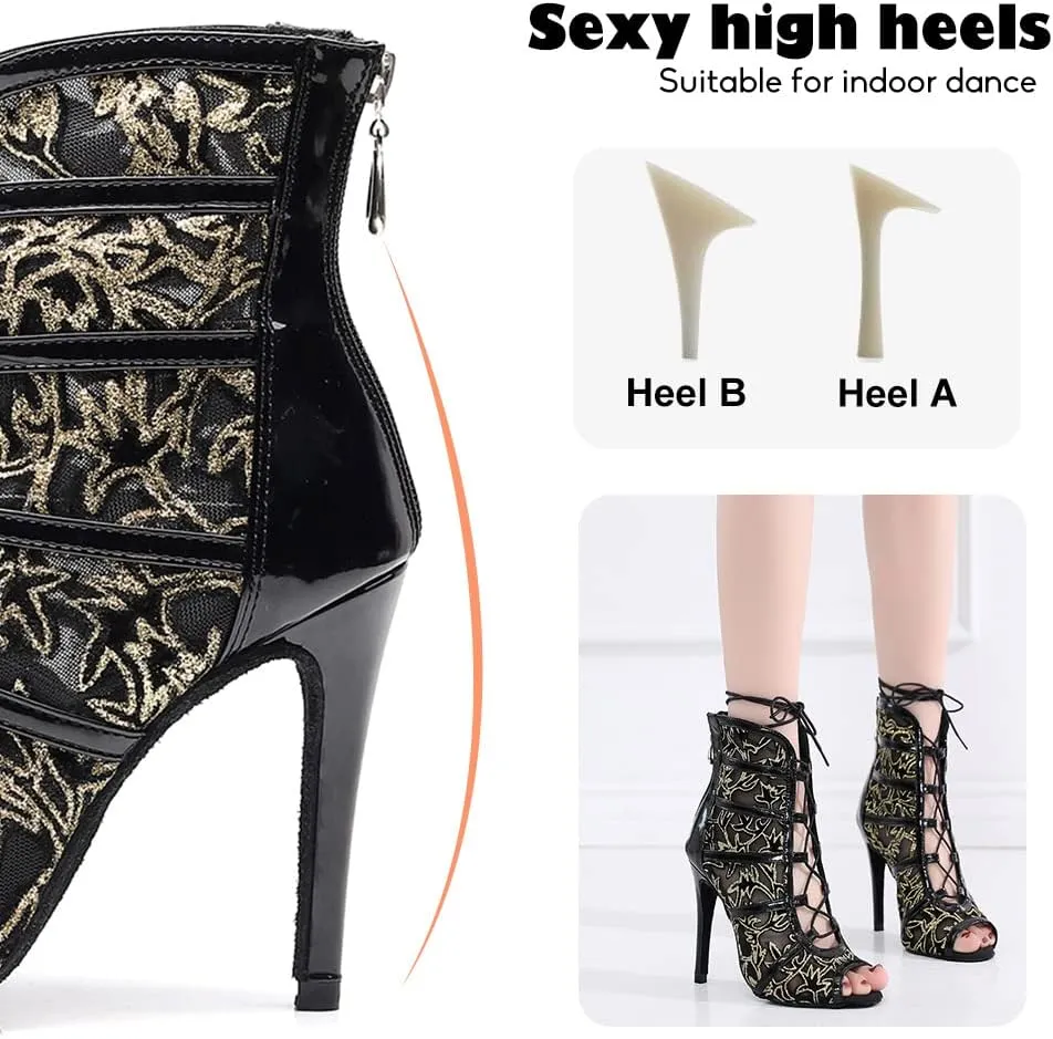 YKXLM Latin Dance Boots Salsa Bachata Performance Women Ballroom Lace-up Ankle Open Toe Dance Shoes