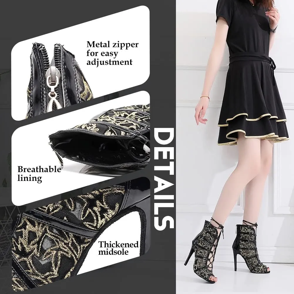 YKXLM Latin Dance Boots Salsa Bachata Performance Women Ballroom Lace-up Ankle Open Toe Dance Shoes