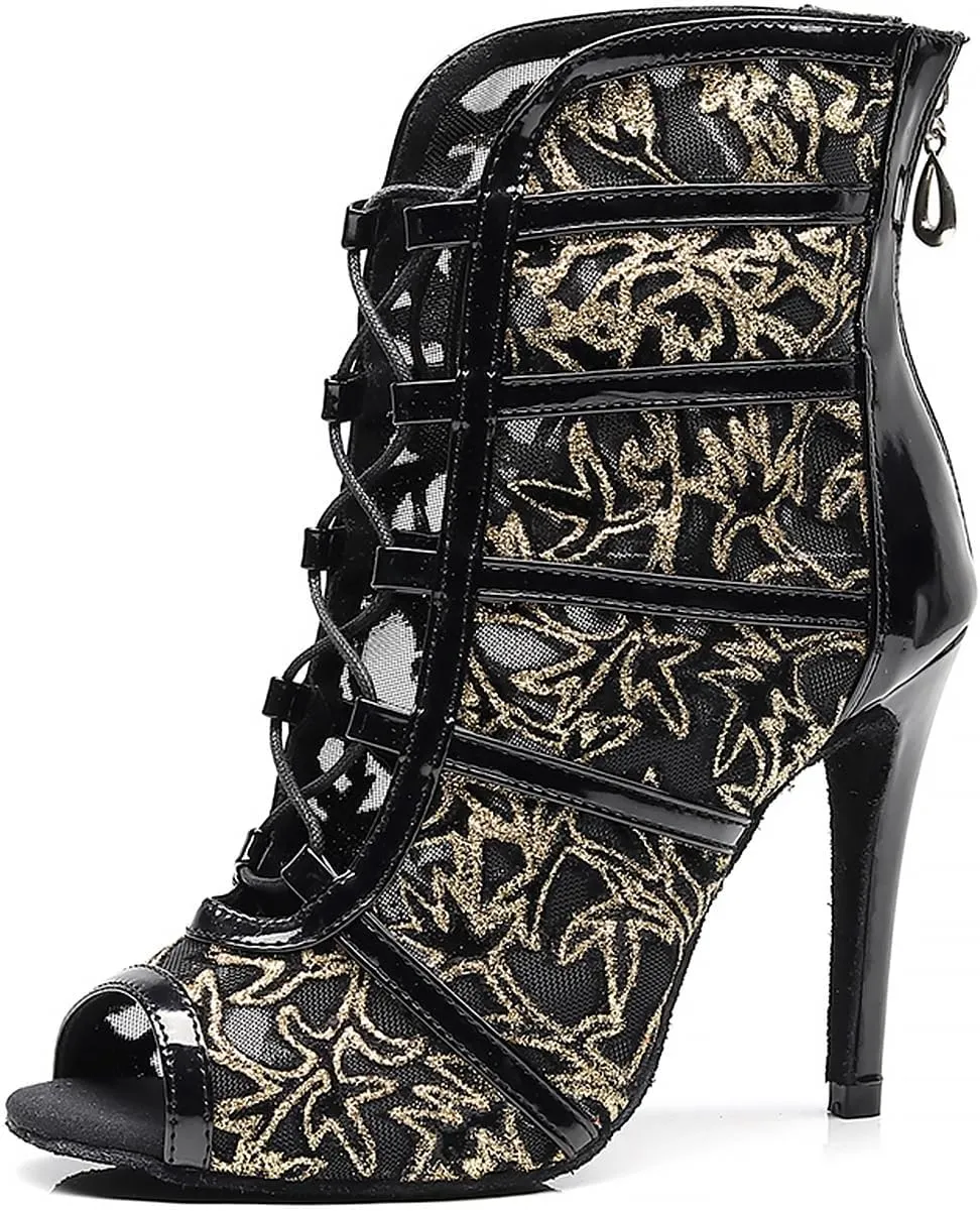 YKXLM Latin Dance Boots Salsa Bachata Performance Women Ballroom Lace-up Ankle Open Toe Dance Shoes
