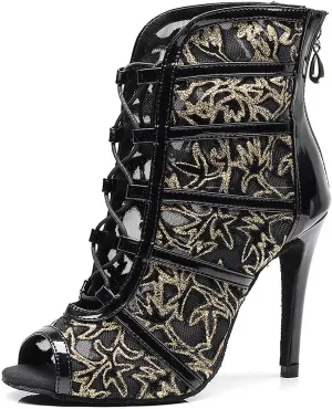 YKXLM Latin Dance Boots Salsa Bachata Performance Women Ballroom Lace-up Ankle Open Toe Dance Shoes