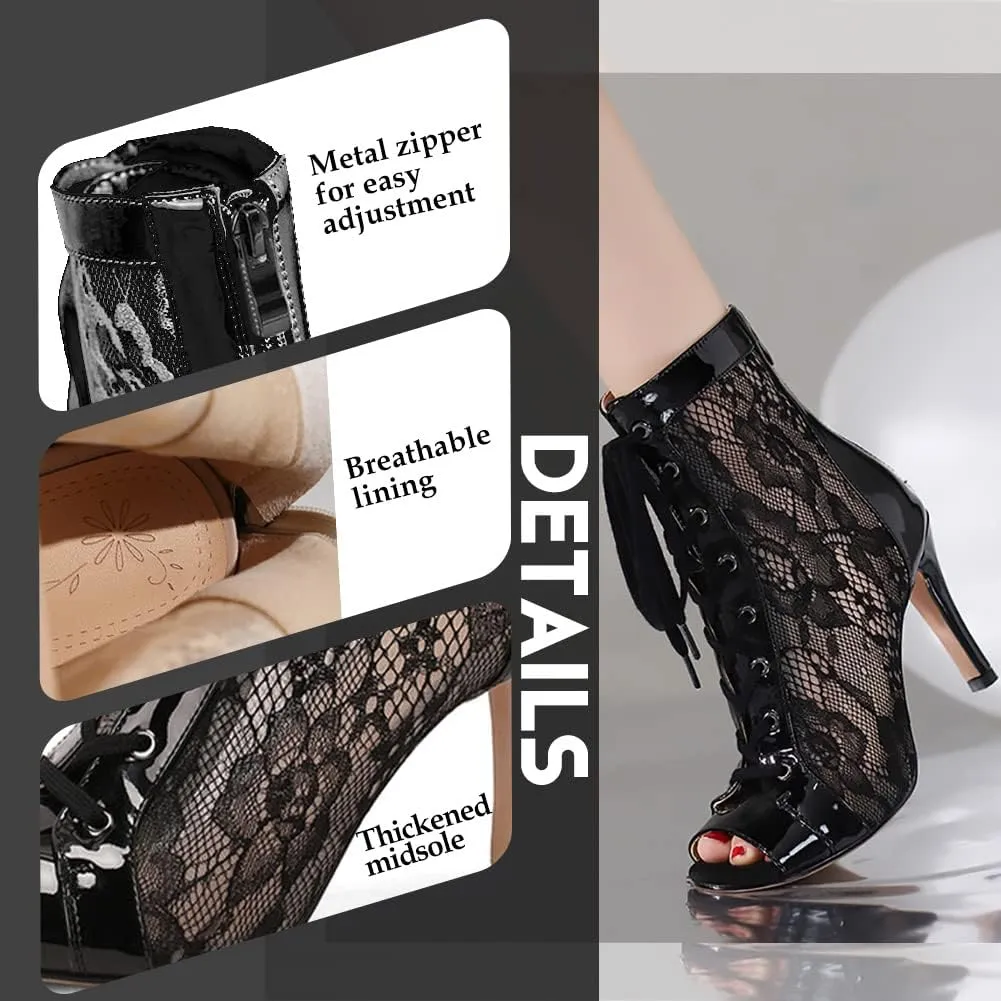 YKXLM Latin Dance Boots Salsa Women Ballroom Lace-up Ankle Open Toe Dance Shoes