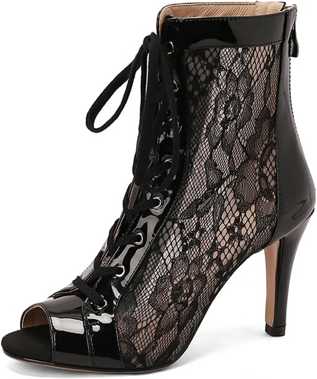 YKXLM Latin Dance Boots Salsa Women Ballroom Lace-up Ankle Open Toe Dance Shoes