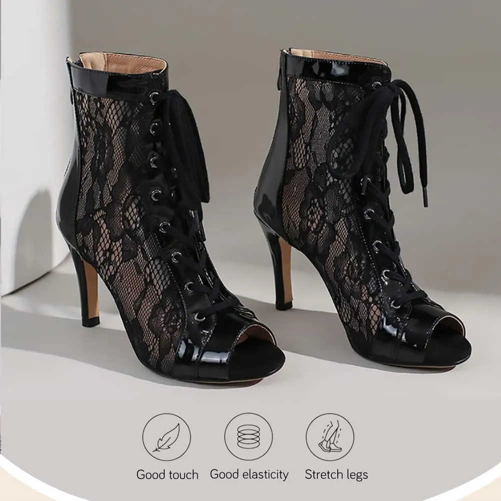 YKXLM Latin Dance Boots Salsa Women Ballroom Lace-up Ankle Open Toe Dance Shoes