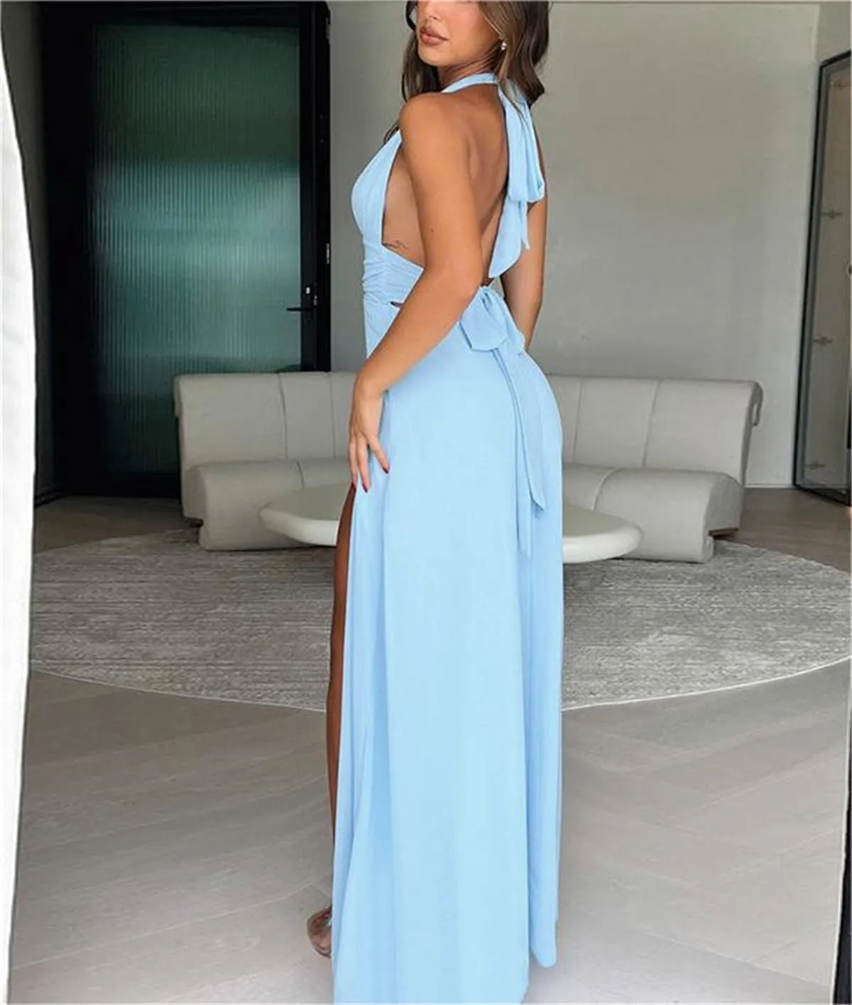 Yoolin Women Halter Deep V Neck Maxi Dress Sleeveless Backless High Side Slit Tie Back Summer Party Cocktail Dresses