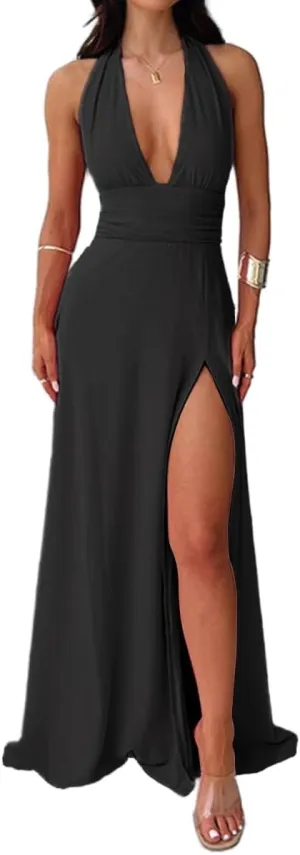 Yoolin Women Halter Deep V Neck Maxi Dress Sleeveless Backless High Side Slit Tie Back Summer Party Cocktail Dresses