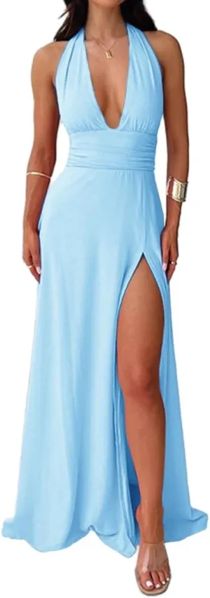 Yoolin Women Halter Deep V Neck Maxi Dress Sleeveless Backless High Side Slit Tie Back Summer Party Cocktail Dresses