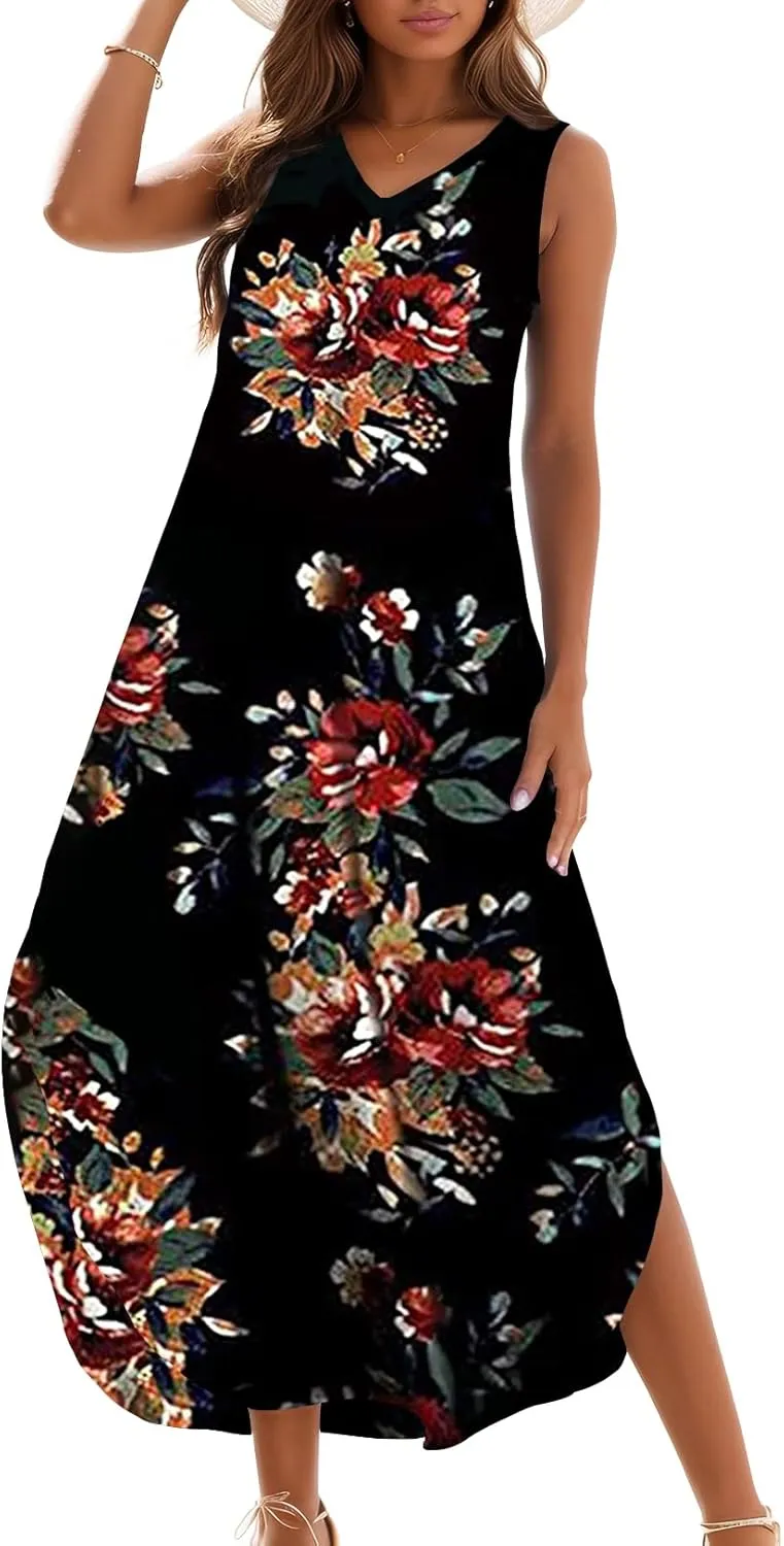 Zilcremo Women's Summer Casual Loose Sundress Long Dress Sleeveless V Neck Split Tshirt Maxi Dresses
